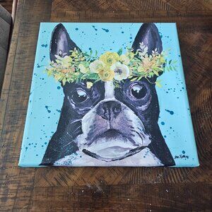Canvas Art Print Glicee Paint Boston Terrier Dog Flower Crown SIGNED Lee Keller
